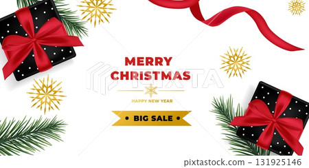 Christmas Sale background with present and golden snowflakes .. 131925146