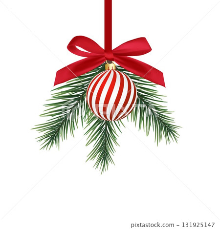 Red and white striped Christmas balls hang on red satin ribbon with bow. 131925147