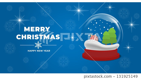 Bright blue holiday scene featuring glittering snow globe, snowy hill with pine tree, and falling snowflakes Bright blue holiday scene featuring glittering snow globe, snowy hill with pine tree, and falling snowflakes 131925149