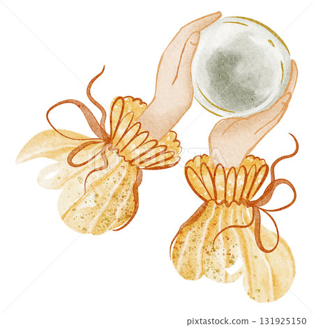 Watercolor drawing of female hands offering or taking a plate, isolated on white. Symbolic illustration for concepts of giving, care, help, and togetherness. Human arm in close up for design projects. 131925150