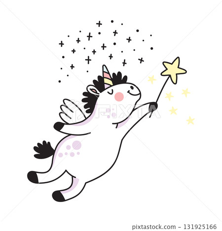 Cute cartoon unicorn with magic wand vector doodle illustration Cute cartoon unicorn with magic wand vector doodle illustration 131925166