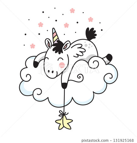 Cute unicorn on a cloud holding a star vector doodle illustration 131925168