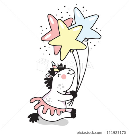 Cute unicorn holding a star balloons vector doodle illustration Cute unicorn holding a star balloons vector doodle illustration 131925170