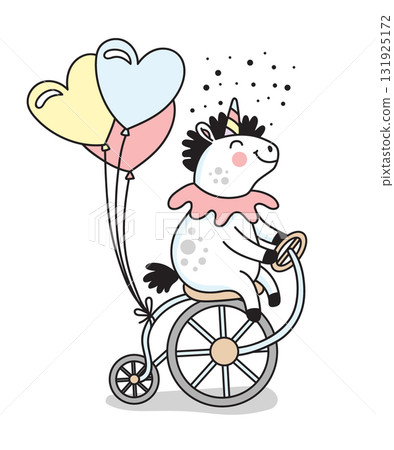Cute unicorn on a bike a star balloons vector doodle illustration 131925172