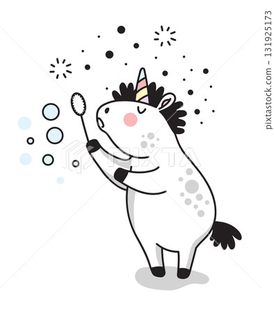 Cute unicorn blowing soap bubbles vector doodle illustration 131925173