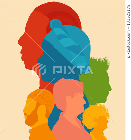 Unity and equality represented through colorful multicultural human silhouettes in profile 131925178