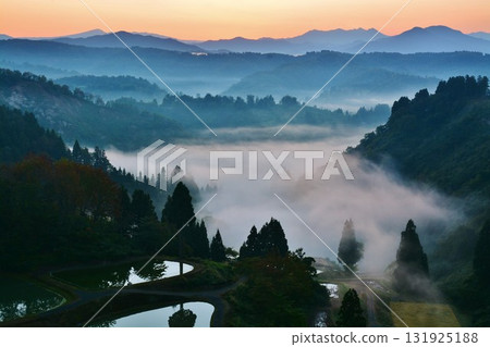 山古志梯田和池塘的雲海和黎明 131925188