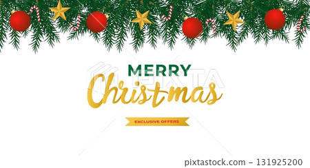 Christmas frame from fir branch, balls, golden star, lights. Christmas frame from fir branch, balls, golden star, lights. 131925200