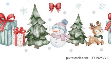 Seamless watercolor winter border with snowy Christmas tree, cute snowman in hat and scarf, reindeer, red and green gift boxes, and bow on white background in childlike style 131925279