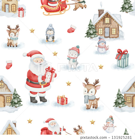 Seamless watercolor Christmas pattern with Santa Claus, reindeer, snowmen, penguin, polar bear, houses, trees, and gifts. Cute winter holiday design on white background for kids and decor Seamless watercolor Christmas pattern with Santa Claus, reindeer, snowmen, penguin, polar bear, houses, trees, and gifts. Cute winter holiday design on white background for kids and decor 131925281