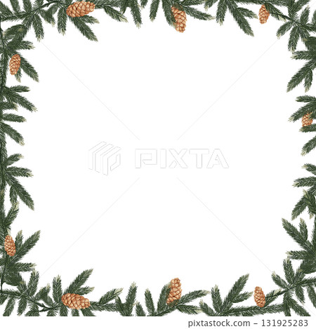 Hand drawn square watercolor frame of natural spruce branches and pine cones. festive Christmas border with space for text in center. Isolated on white background for invitations, holiday designs. 131925283