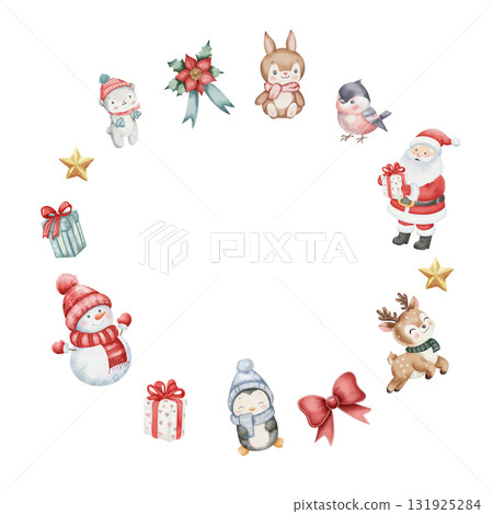 Watercolor Christmas wreath. round frame snowman in red hat, reindeer, penguin, Santa Claus, bear, bunny, bullfinch, gifts, gold star, red bow and poinsettia. white background with empty for text 131925284