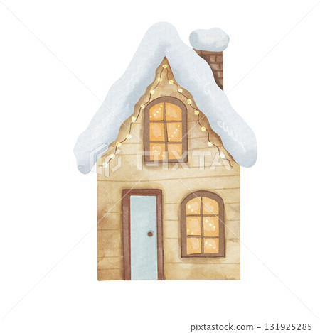 Hand drawn watercolor illustration of magical two-story wooden house. Fairy tale cottage features brick chimney, illuminated windows, snowy roof, winter Christmas scene. Isolated on white background. 131925285