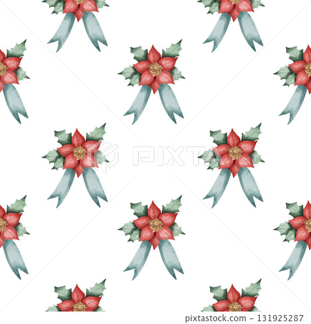 Seamless watercolor pattern with red poinsettia flowers and green bows. traditional Christmas motifs. Hand drawn illustration on white background. For holiday wrapping paper, decorations. Repeat 131925287