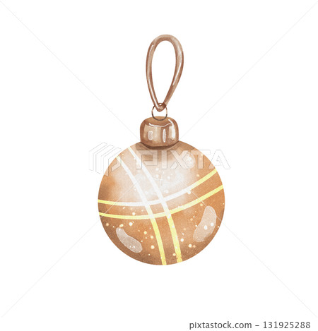 Elegant and shiny gold Christmas tree ball ornament. Beautiful watercolor illustration of glossy glass bauble with ornament cap, perfect for festive holiday designs. Isolated on white background 131925288