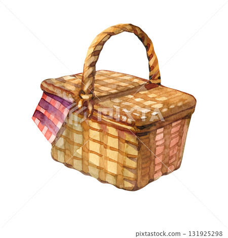 Watercolor colorful Hand-drawn sketch of a round basket for picnic on a white background. Cottagecore style 131925298