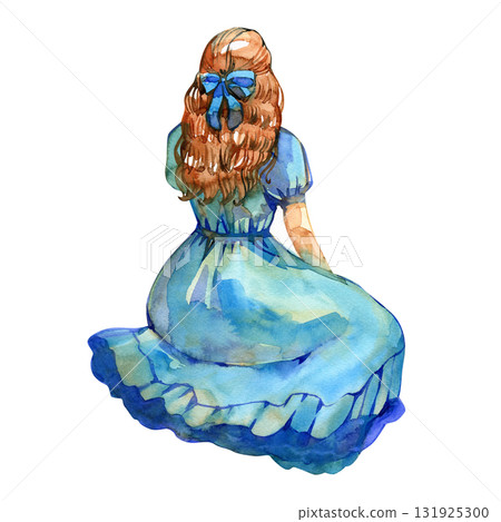 Watercolor Girl in blue vintage dress.. Cute cottagecore illustration. Alisa 131925300