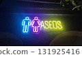 Neon sign depicting male and female symbols with the word 'ASEOS' illuminated in vibrant colors against a dark background, showcasing modern signage design and urban aesthetics 131925416