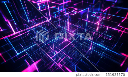 Neon blue and pink intersecting grid background 131925570