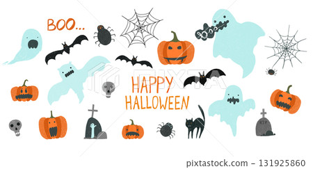 Cute crayon pencils drawing Halloween Party elements. Big set of cartoon ghosts, pumpkins, skulls, bats, spiders, cat for greeting cards design, stickers, banners decor, holiday flyer Cute crayon pencils drawing Halloween Party elements. Big set of cartoon ghosts, pumpkins, skulls, bats, spiders, cat for greeting cards design, stickers, banners decor, holiday flyer 131925860