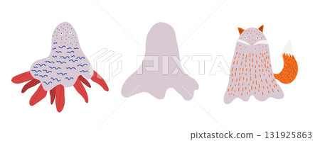 Cute childish hand drawn Halloween Party animal ghosts characters. Autumn spooky holiday fox, octopus ghost dressing for greeting cards design, stickers, kids banners decor 131925863