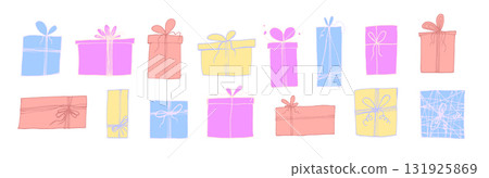 Colorful sketch hand drawn blue, pink, yellow, red vector gift boxes for Christmas and birthday decor. Textured squiggle drawing present gifts for print design, stickers, patterns, greeting card Colorful sketch hand drawn blue, pink, yellow, red vector gift boxes for Christmas and birthday decor. Textured squiggle drawing present gifts for print design, stickers, patterns, greeting card 131925869