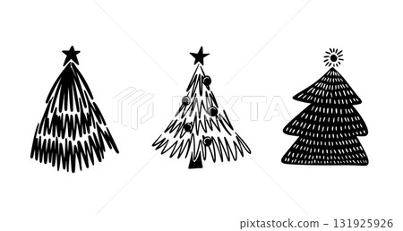 Hand drawn Christmas tree. Set of doodle sketched illustrations of firs. Black ink and brush sketches of spruce for cards and package design. vector elements Hand drawn Christmas tree. Set of doodle sketched illustrations of firs. Black ink and brush sketches of spruce for cards and package design. vector elements 131925926