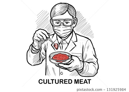 一名男子用鑷子夾著培養肉 131925984