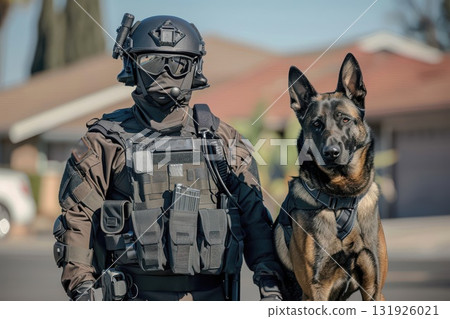 Military personnel acknowledges dog for duty and support, moment of connection after service. Military personnel acknowledges dog for duty and support, moment of connection after service. 131926021
