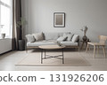 Nordic living room in grey and beige colors, modern interior created with ai generative tools. 131926206