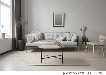 Nordic living room in grey and beige colors, modern interior created with ai generative tools. Nordic living room in grey and beige colors, modern interior created with ai generative tools. 131926206
