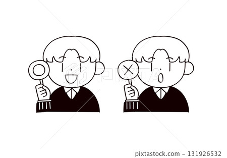 Illustration of a man holding a check mark and a cross mark 131926532