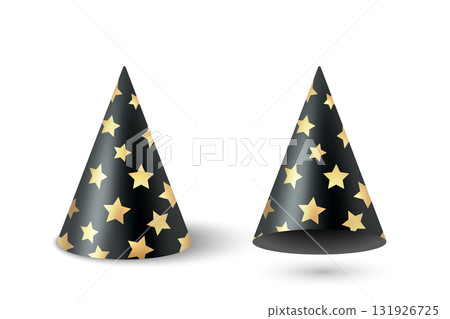 Vector 3d Realistic Party Hat Cone Set with Black Gold Stars, Isolated. Party Hat Clipart. Birthday Celebration Accessory. New Year Carnival Costume, Festive Decoration Vector 3d Realistic Party Hat Cone Set with Black Gold Stars, Isolated. Party Hat Clipart. Birthday Celebration Accessory. New Year Carnival Costume, Festive Decoration 131926725