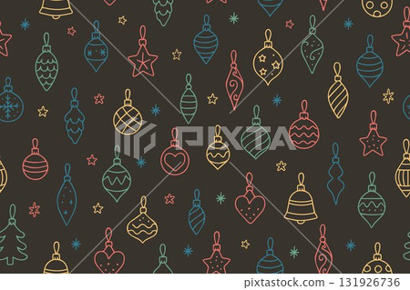 A seamless pattern of hand-drawn colorful Christmas tree ornaments. A festive, trendy backdrop for your designs. 131926736