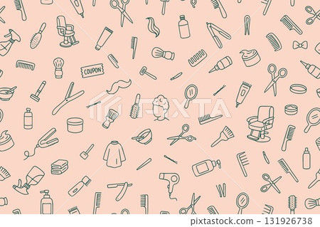 A seamless pattern of hairdressing tools for styling hair and creating popular haircuts. Scissors, a hair dryer, pins, combs, and a barber chair in doodle style. Hand-drawn vector illustration. 131926738