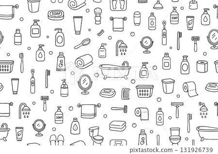 A seamless pattern of doodle bathroom icons. Hand-drawn home goods and bathroom decor. Vector illustration. 131926739