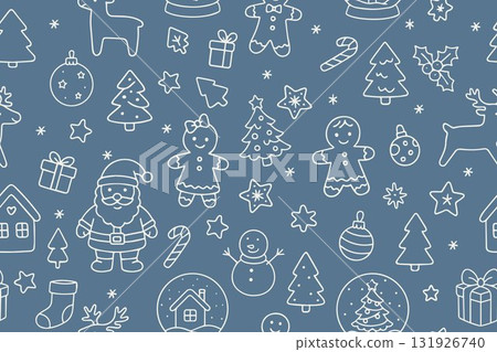 A seamless pattern of doodle-style Christmas icons. Santa, gingerbread, trees, and candies are hand-drawn. A festive, trendy background for your designs. 131926740