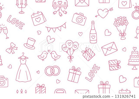 Seamless pattern of wedding icons in doodle style 131926741