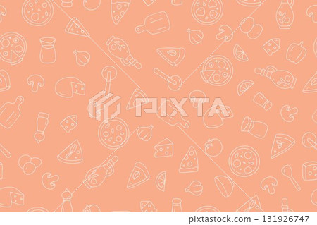 A seamless pattern with various pizza ingredients, including cheese, tomatoes, and peppers. Perfect for culinary projects, menus, and educational materials. Vector illustration in doodle style. 131926747
