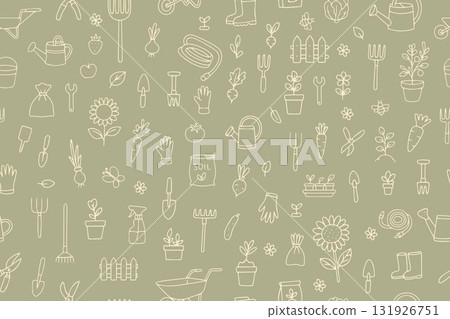 A seamless pattern with a collection of gardening tools. Icons depicting gardening and agricultural equipment, a wheelbarrow, pruning shears, and a watering can. Vector illustration. A seamless pattern with a collection of gardening tools. Icons depicting gardening and agricultural equipment, a wheelbarrow, pruning shears, and a watering can. Vector illustration. 131926751