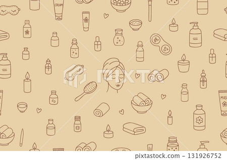 A seamless pattern with icons of beauty salon and spa accessories. Skincare and natural treatments, natural cosmetics concepts, and time for yourself. 131926752