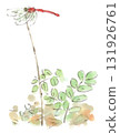 Autumn landscape. Watercolor illustration of a red dragonfly perched on a stem of dead grass 131926761