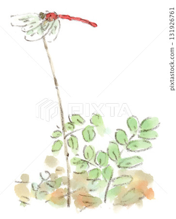 Autumn landscape. Watercolor illustration of a red dragonfly perched on a stem of dead grass 131926761