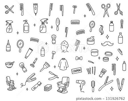 A set of hairdressing tools for styling hair and creating popular haircuts. Scissors, hair dryer, hairpins, combs, and a barber chair in a doodle style. Hand-drawn vector illustration. 131926762