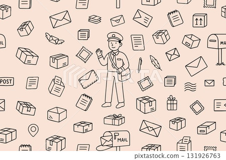 A seamless pattern with a postal theme. Postman, postal equipment, parcels, mailboxes, postage stamps, envelopes, delivery service. Vector illustration in doodle style. A seamless pattern with a postal theme. Postman, postal equipment, parcels, mailboxes, postage stamps, envelopes, delivery service. Vector illustration in doodle style. 131926763