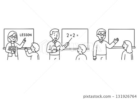 Teachers teach lessons at the blackboard in a school classroom. Children study at their desks. Education, knowledge, learning. Vector doodle illustration. 131926764