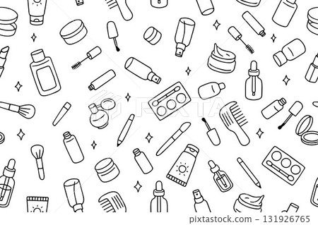 A seamless pattern of various makeup and skincare products, such as lipsticks, brushes, and creams. Ideal for the beauty, fashion, and cosmetics industries. Vector A seamless pattern of various makeup and skincare products, such as lipsticks, brushes, and creams. Ideal for the beauty, fashion, and cosmetics industries. Vector 131926765