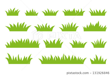 Green tufts grass in flat cartoon style set. Greenery blades, clumps, lawns vary sizes shapes. Herbage tufts rows, vegetation clumps curve gently. Simple spring or summer sward outline silhouette 131926846
