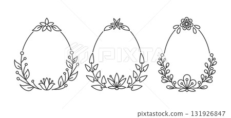 Three egg shaped linear frames decorated by floral elements as branches, leaves twigs blossom flowers. Monochrome black outline engraving borders. Fine ink contour, elegant natural botanical ornament Three egg shaped linear frames decorated by floral elements as branches, leaves twigs blossom flowers. Monochrome black outline engraving borders. Fine ink contour, elegant natural botanical ornament 131926847