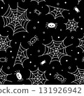 Halloween pattern. Spider web and cute spiders. Vector seamless background October 31. Black and white spooky pattern 131926942